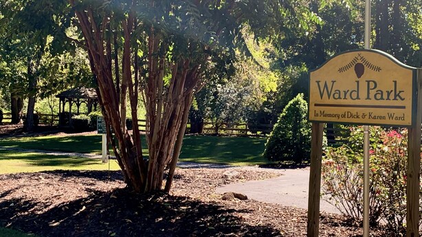 A park sign reading "Ward Park" with a dedication to Dick & Karen Ward. - BlueRidgeVista.  4 miles to Tryon Equestrian Ctr. (Rutherfordton)