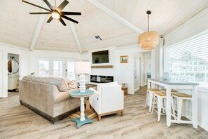 Télévision, cheminée, chaîne hi-fi