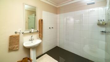 Un baño con lavamanos, espejo y ducha.