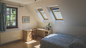 A bedroom with a bed, a desk, and two skylights.