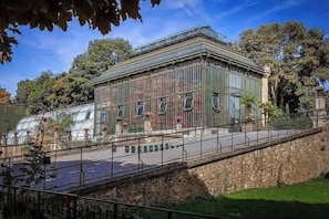 A building with a metal roof, surrounded by trees and a stone wall.