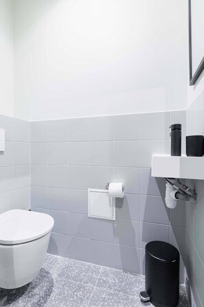 Bathtub, hair dryer, towels, shampoo