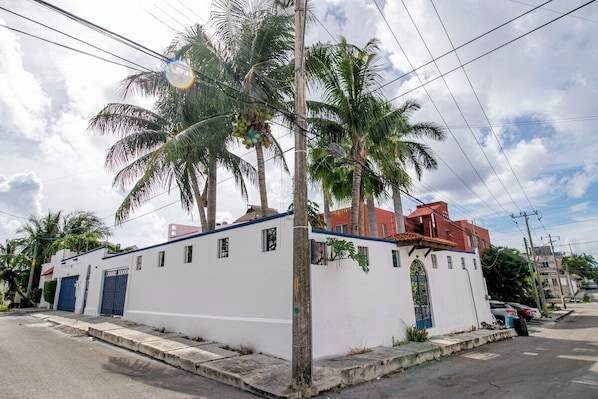 A white building with a blue door, surrounded by palm trees and power lines.
