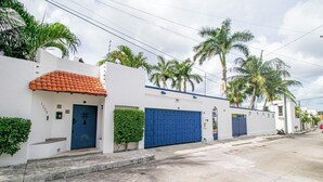 A residential street with white houses, blue garage doors, and palm trees. - Tropical retreat with beautiful pool and yard (San Miguel de Cozumel)