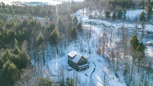 A cabin surrounded by a snowy forest.