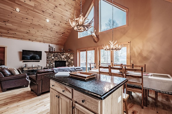 Smart TV, fireplace, video games, DVD player