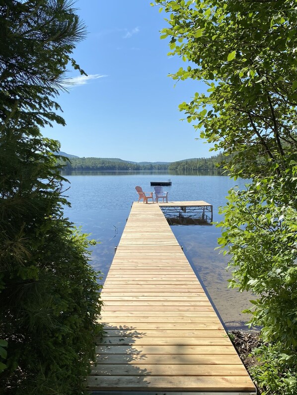 A wooden dock extending into a calm lake, surrounded by dense green foliage.