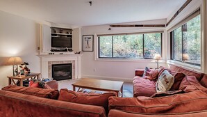 Una sala de estar con chimenea, televisor y ventanas amplias que dan a un paisaje de árboles.