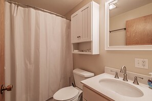 Une salle de bain avec un rideau de douche, des toilettes, un lavabo avec un miroir au-dessus et un panneau de bois sur le mur.