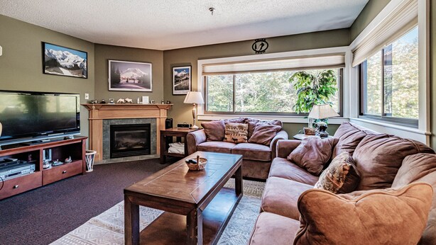 A living room with a fireplace, a television, and a large window with a view of trees. - On Mountain two bedroom unit sleeping 6 (Newry)