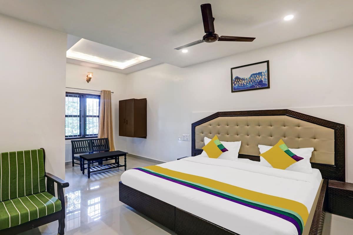 A hotel room with a bed, a green-striped chair, a bench, a ceiling fan, and a window with curtains.