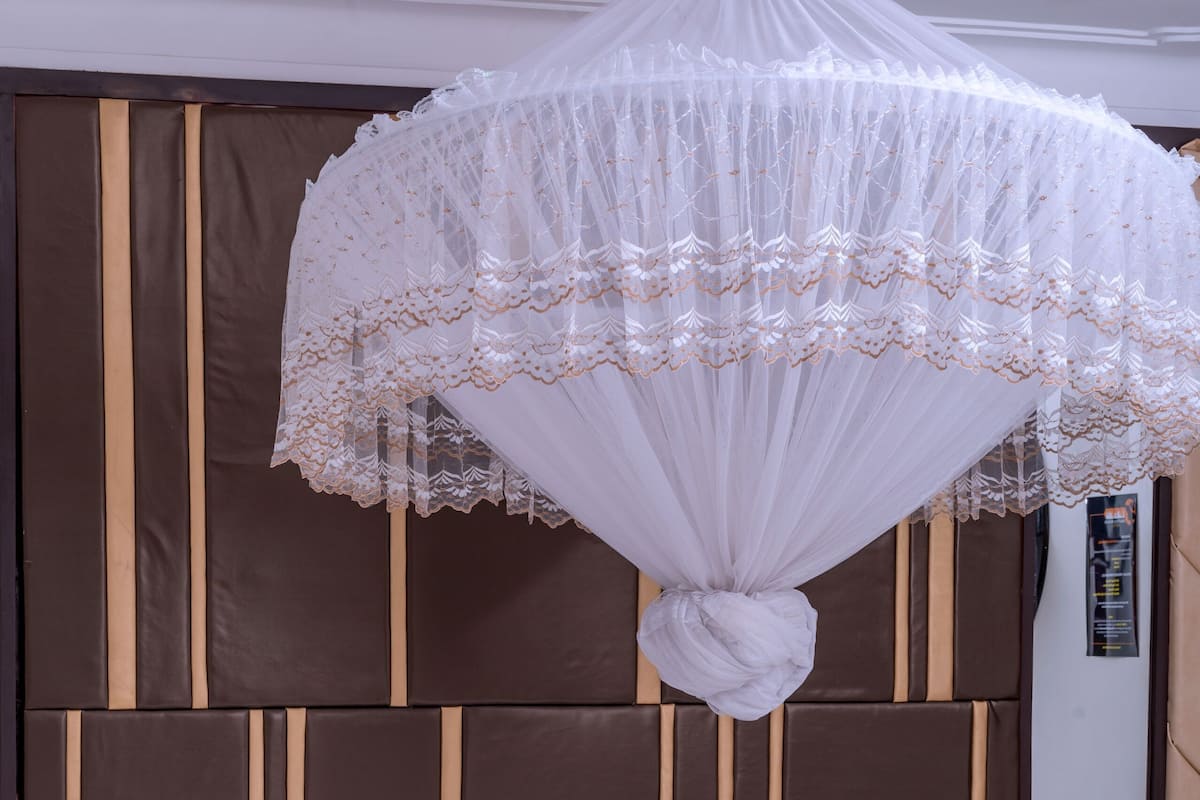 A bed with a canopy, a pillow, and a headboard with vertical lines.