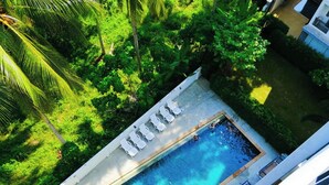 Une vue aérienne d’une piscine entourée d’une végétation luxuriante et de palmiers, avec des chaises longues alignées le long du bord de la piscine.