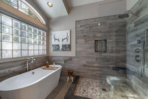 Combined shower/tub, hair dryer, towels