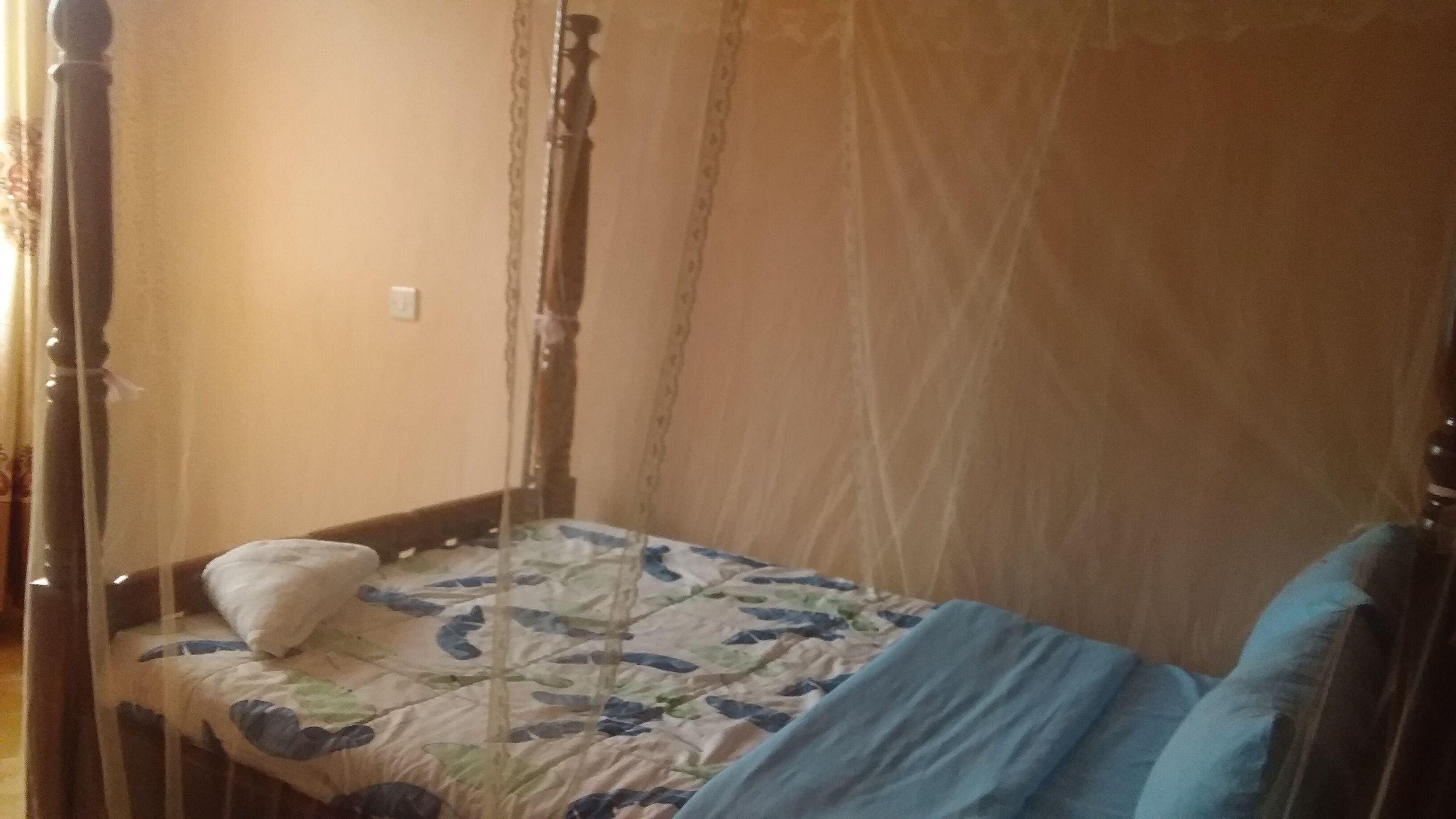 Una cama individual con dosel, una mesita de noche y un enchufe de pared.