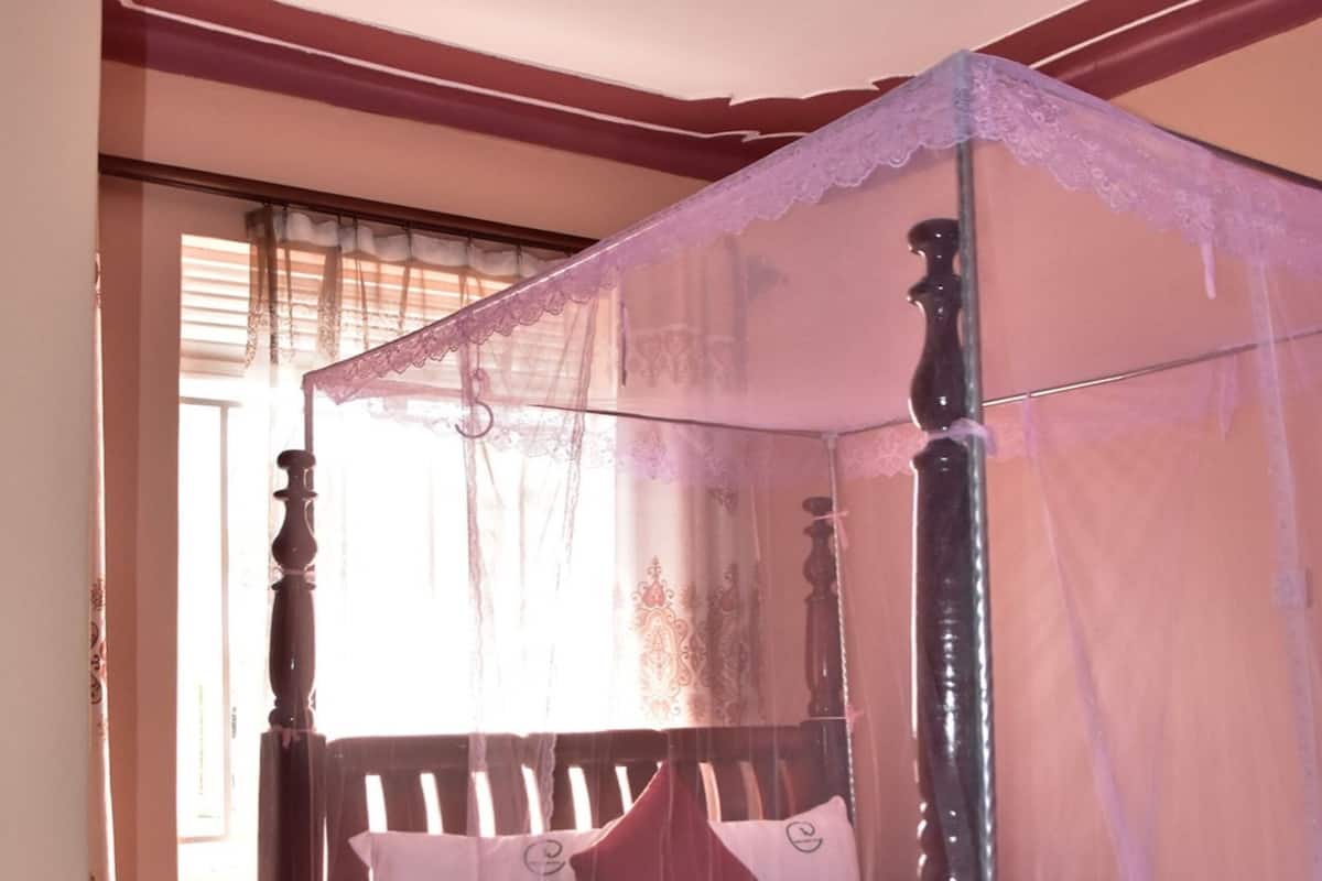 A four-poster bed with a canopy, a wooden headboard, and a small rug on the floor.