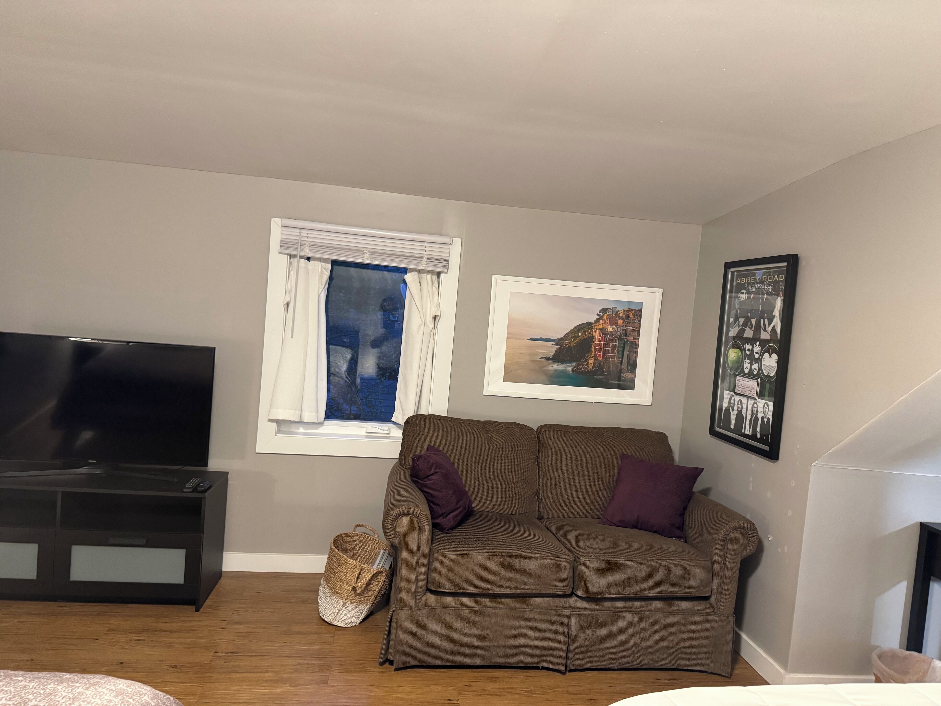 A living room with a flat-screen TV, a brown sofa, a window with curtains, and a framed picture on the wall.