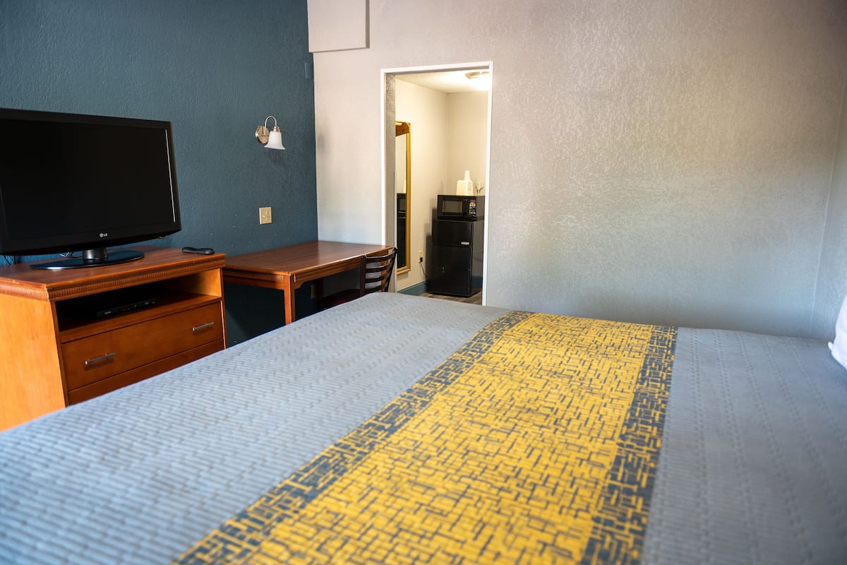 A hotel room with a bed, a desk, a television, a microwave, and a refrigerator.