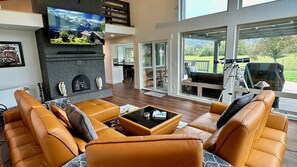 Smart TV, chimenea, libros, estéreo