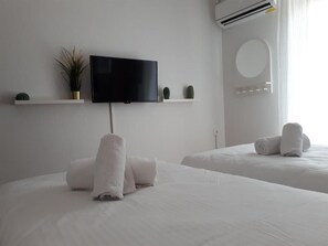 Habitación de hotel con dos camas, un televisor de pantalla plana, una planta pequeña y un espejo en la pared.