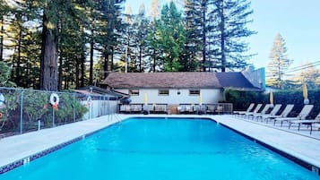 Alberca al aire libre por temporada y sombrillas en la alberca