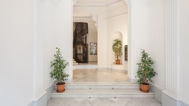 A grand entrance with a marble floor, white walls, and two potted plants. - Apartment with spectacular terrace in the center of Barcelona (Barcelona)