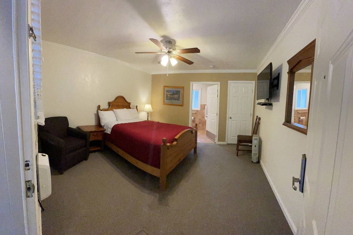A bedroom with a bed, a chair, a desk, a television, and a ceiling fan.