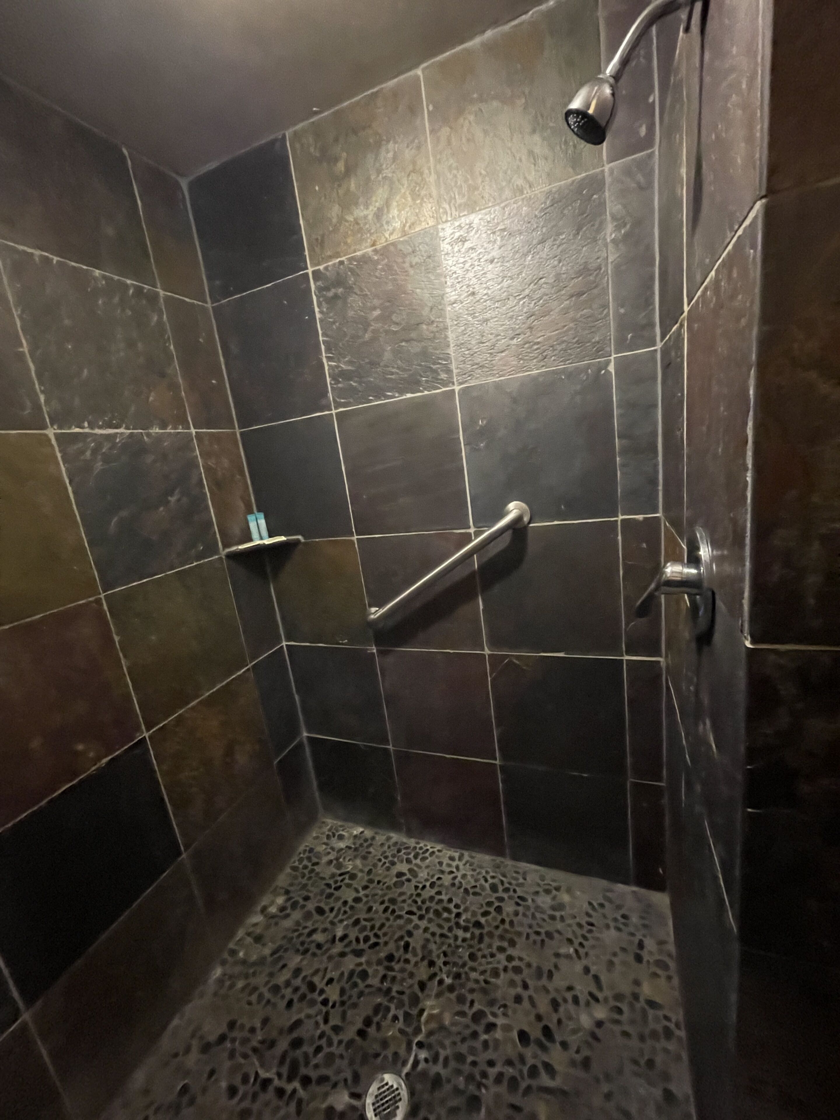 Een douche met donkere tegels, een handdouche en een handdouchehouder.