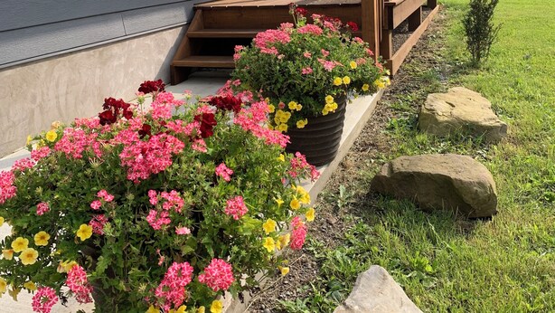 A house with a porch, a small garden with colorful flowers, and a wooden deck.