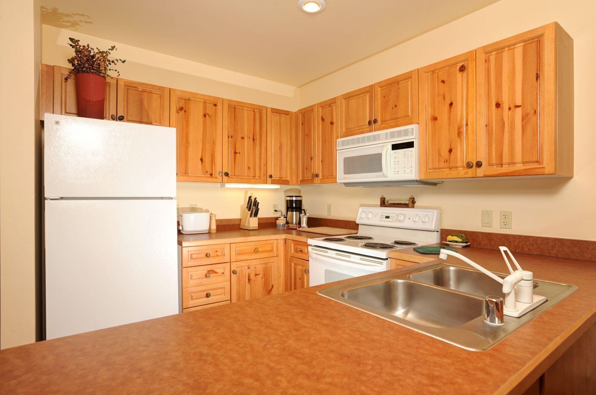 A kitchen with wooden cabinets, a white refrigerator, a microwave, a stove, and a stainless steel sink.