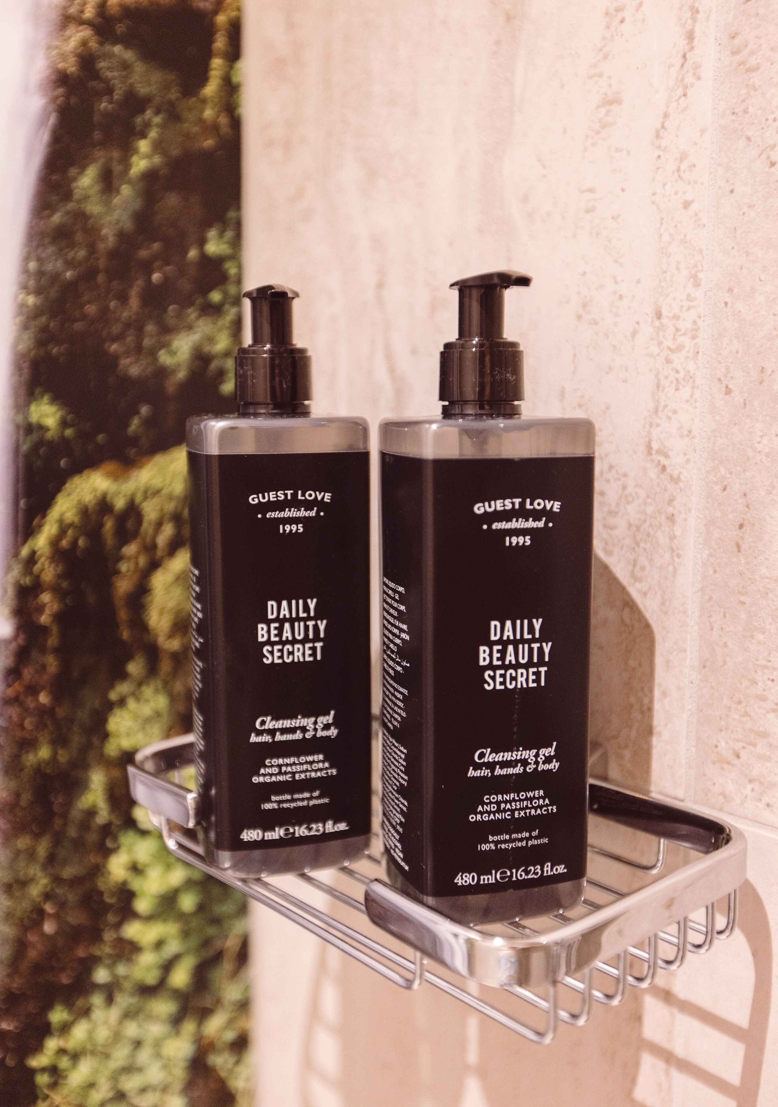 Two bottles of 'Guest Love Daily Beauty Secret' cleansing gel on a metal shelf against a textured wall.