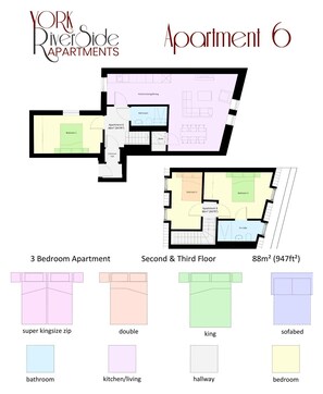 Floor plan - A 3 bedroomed apartment set over 2 floors. (York)