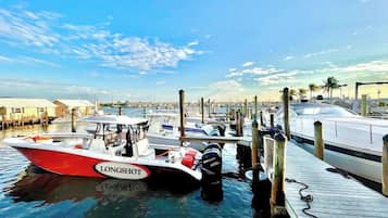 A marina with boats docked at wooden piers, a clear sky, and a distant cityscape.