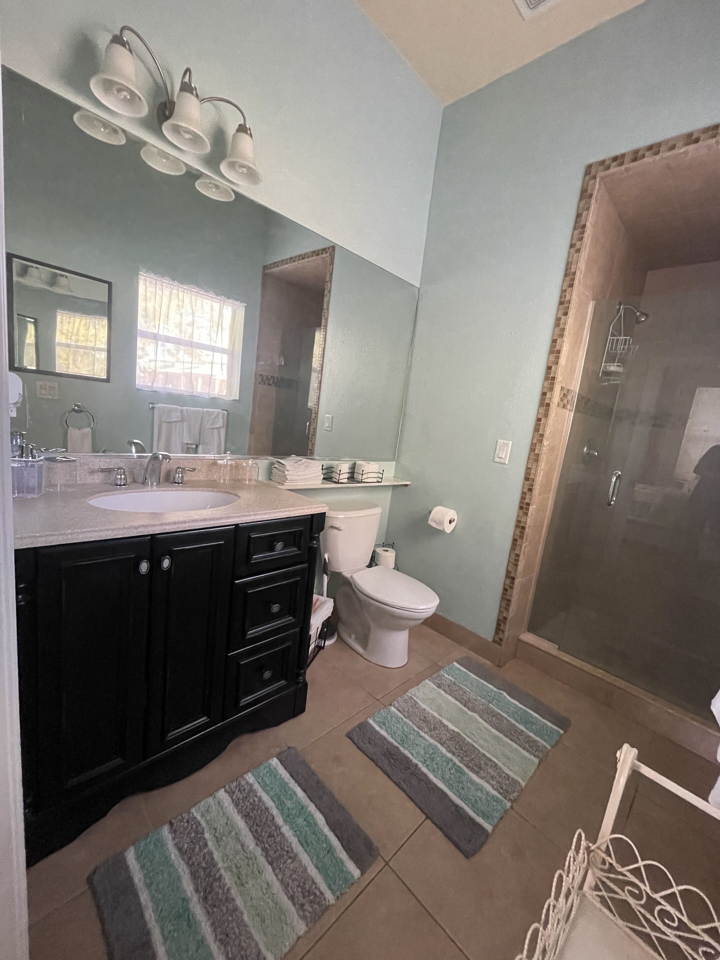 A bathroom with a sink, toilet, and shower area.