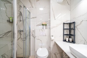 Shower, hair dryer, towels