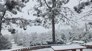 A snow-covered outdoor area with picnic tables and a wooden fence. - 3BR Panoramic lake view, Lake Isabella High Speed WIFI easy access paved road (Wofford Heights)