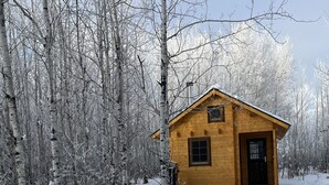 A wooden cabin with a black door and windows, surrounded by snow-covered trees.