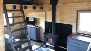 A wooden cabin interior with a loft bed, a television, a fireplace, and a ladder.