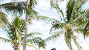 Une séance de massage en plein air, sur une plage bordée de palmiers, avec l’océan en toile de fond.