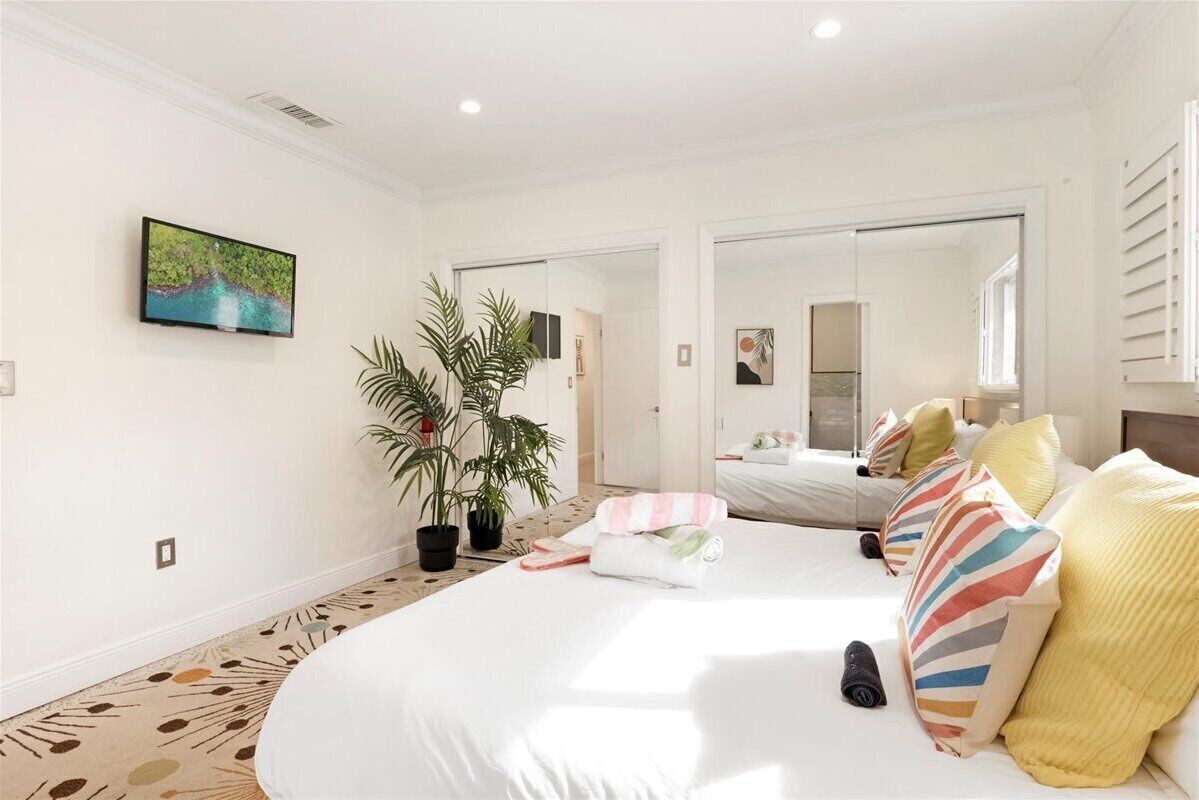 A hotel room with a large bed, a flat-screen TV, a potted plant, and a mirror reflecting the room.