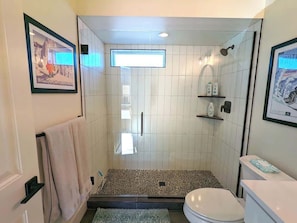 Bathtub, hair dryer, shampoo