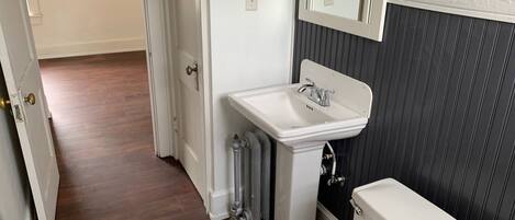 A bathroom with a white sink, toilet, and radiator.