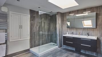 A modern bathroom with a glass-enclosed shower, a vanity with a mirror, and a skylight.