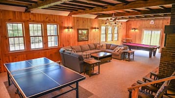 TV connectée, cheminée, lecteur de DVD, table de tennis de table