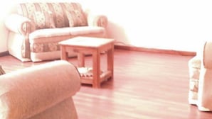 Una sala de estar con un sofá, una mesa de centro y un sillón estampado.