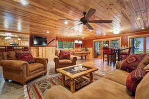 Smart TV, chimenea, libros, oficina