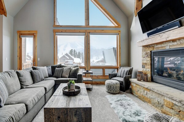 Smart TV, fireplace, books