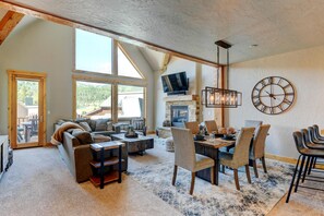 Smart TV, fireplace, books