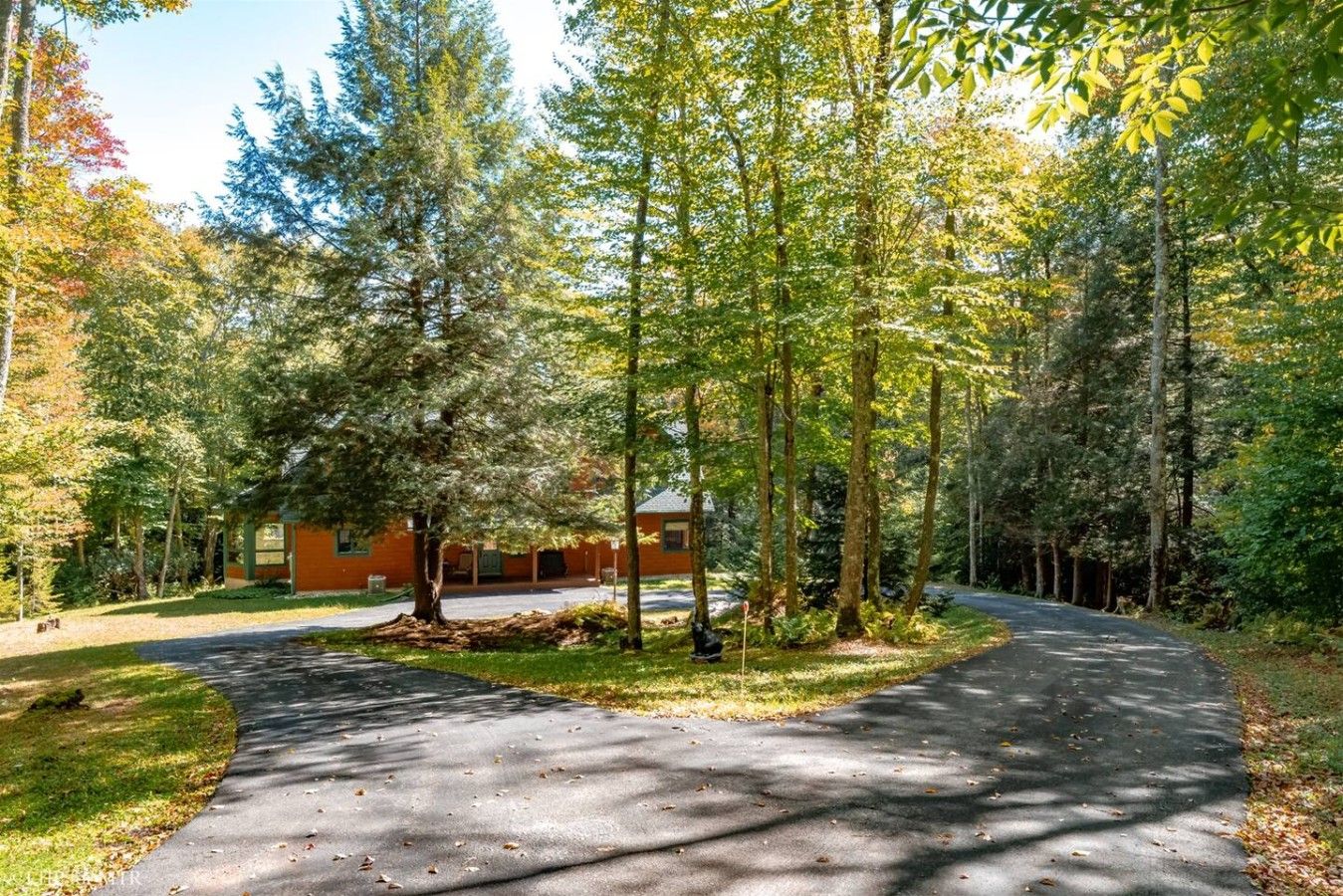 Une allée pavée mène à un bâtiment entouré de grands arbres.