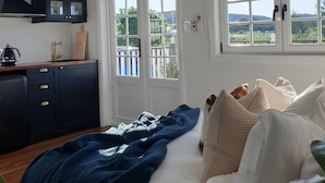Un dormitorio con cama, ventana, ventilador de techo y vistas al exterior.